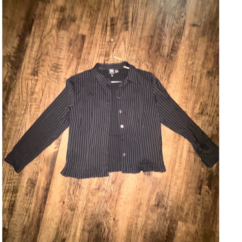 Worth New York Womens Pinstripe Wool Blend Ruffle Hem Button Down Shirt Black 12